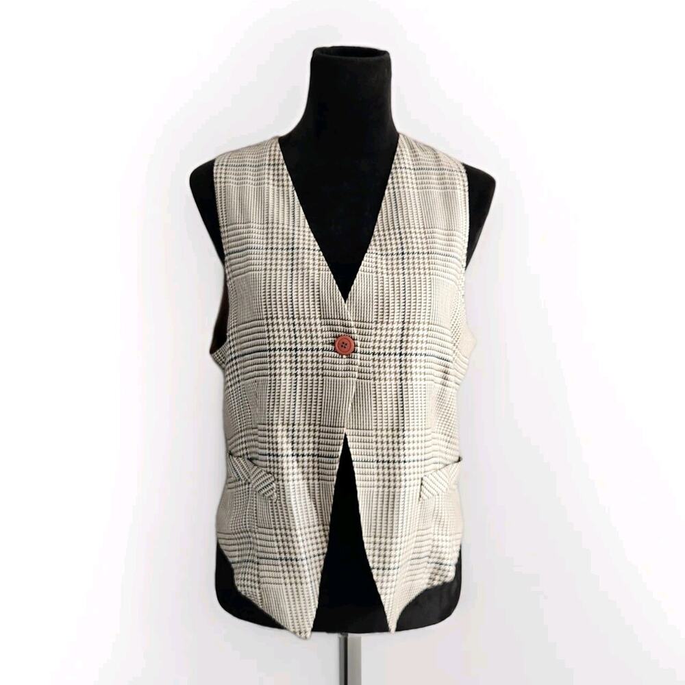 Vintage Stephanie Queller Houndstooth Plaid Beige Bown Black Vest Size 10